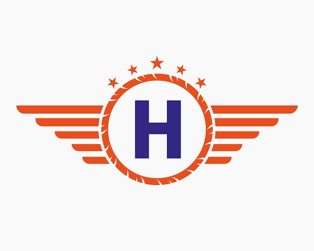Logo iniziale dell'ala sulla lettera h per il logo dei trasporti con stella e simbolo della velocità