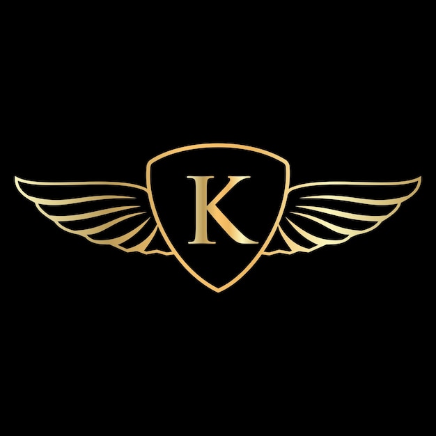 Logo dell'ala iniziale sull'alfabeto della lettera k per il simbolo del logo del trasporto