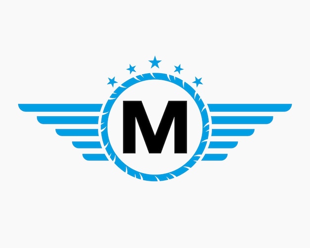スターとスピードシンボルを含む交通機関のロゴの文字Mに初期の翼のロゴ