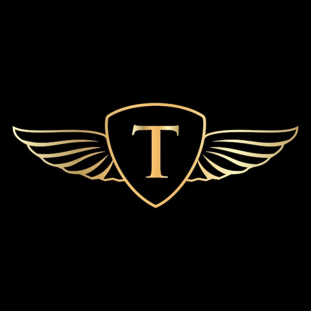 Logo dell'ala iniziale sull'alfabeto della lettera t per il simbolo del logo del trasporto