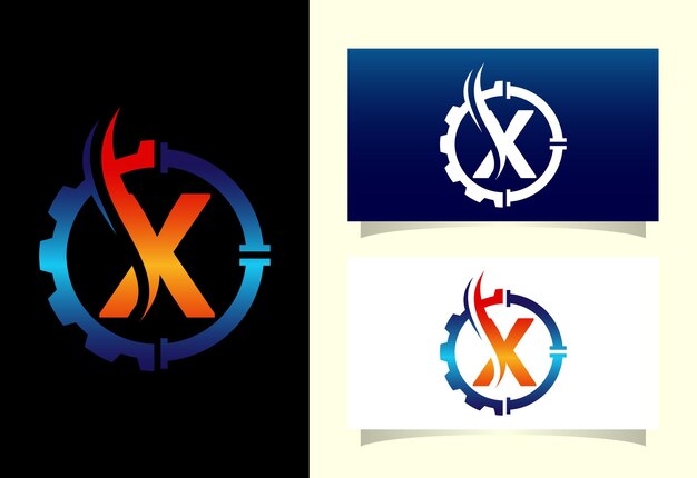 Initial x monogram alphabet with gear pipe and flame oil and gas logo concept font emblem