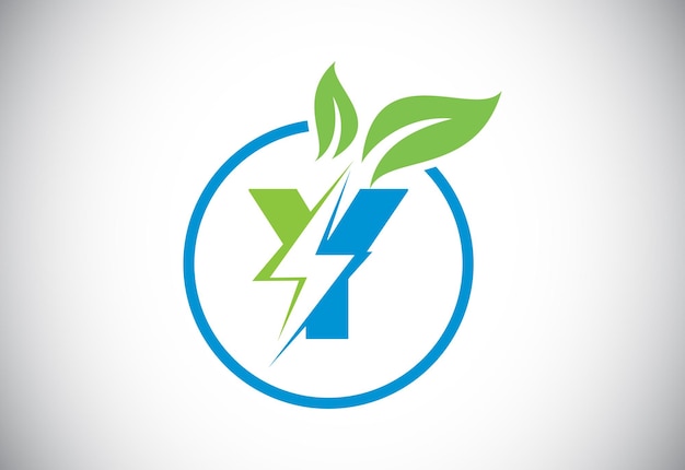 Initial Y letter thunderbolt leaf circle or eco energy saver icon Leaf and thunderbolt icon concept for nature power electric logo