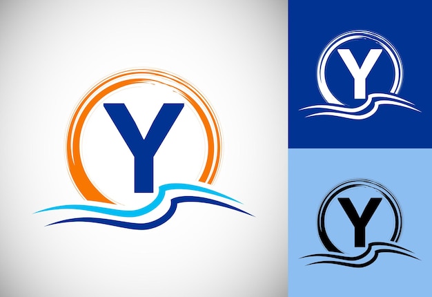 Initial Y monogram letter with water ocean waves and the sun Beach logo design concept