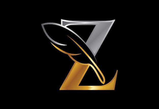 Vettore alfabeto z iniziale con una piuma. simbolo del segno dell'icona dello studio legale. logo per uno scrittore o editori