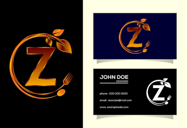 포크 스푼과 잎이 있는 초기 Z 모노그램 알파벳 카페용 건강한 자연 식품 로고 로고