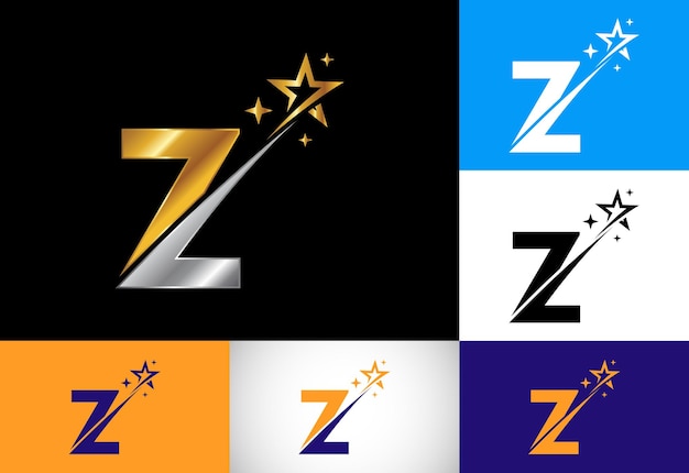 swoosh 및 스타 로고 아이콘이 있는 초기 Z 모노그램 문자 알파벳 추상 스타 로고 기호 기호 디자인 비즈니스 및 회사 정체성을 위한 현대 벡터 로고