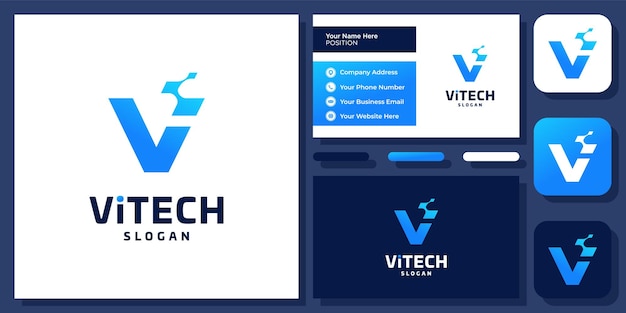 이니셜 편지 Vi V 연결 기술 디지털 연결 현대 벡터 로고 디자인 명함