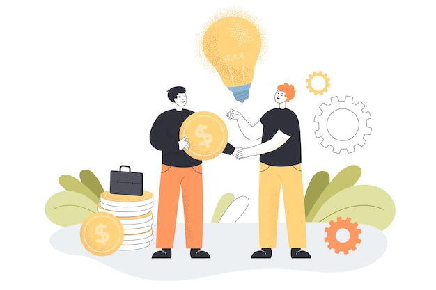 Vector initiative advisor giving financial support to startup worker. professional investor or sponsor funding business idea flat vector illustration. entrepreneurship, investment, coworking concept