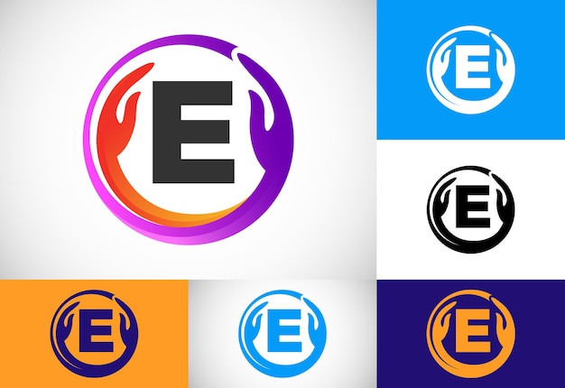 Initiële E-monogrambrief met veilige handen Professioneel teamwerk voor liefdadigheid en ontwerp van het logo van de stichting