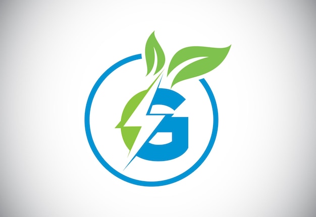 Initiële G letter bliksemschicht blad cirkel of eco energie saver pictogram Blad en bliksemschicht pictogram concept voor natuurkracht elektrisch logo