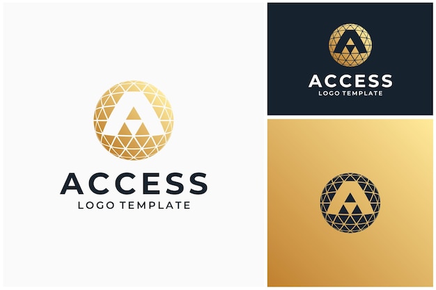 Vector initiële letter a met golden globes driehoekpatroon voor global business logo design