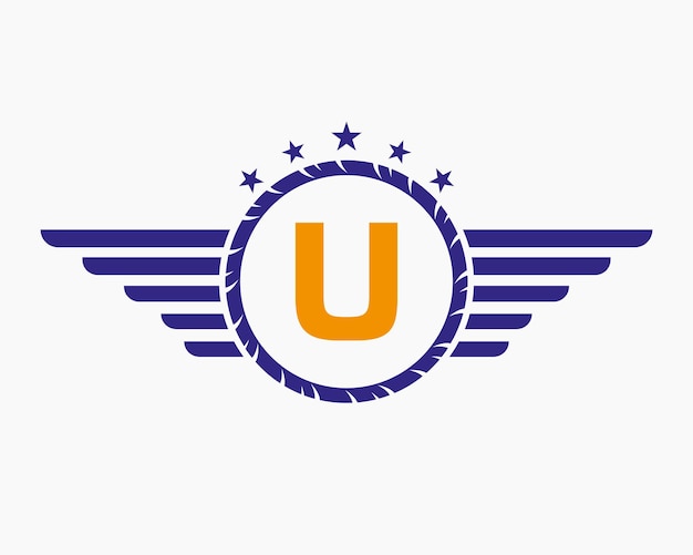 Initiële vleugel logo op letter U Voor vervoer logo met ster en snelheid symbool