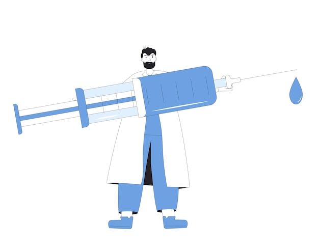Injectie Dokter met een enorme spuit geïsoleerd op witte achtergrond Vector illustratie
