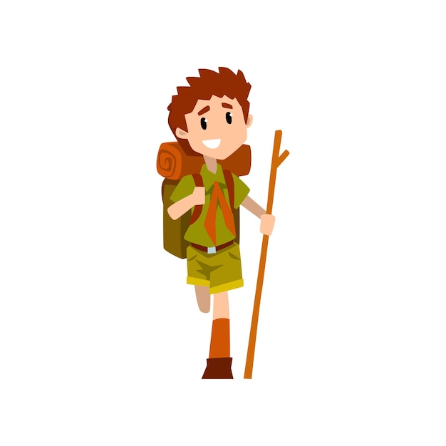 負傷したボーイ・スカウト・キャラクター ユニフォームを着て 足を骨折し 木製の棒で 野外冒険と生存活動 キャンプベクトル 白い背景に孤立したイラスト