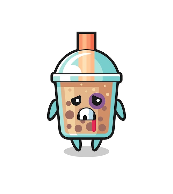 Injured bubble tea character with a bruised face