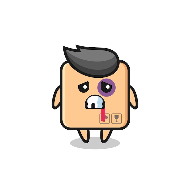 Травмированный персонаж из картонной коробки с ушибленным лицом, симпатичный дизайн футболки, наклейки, элемента логотипа
