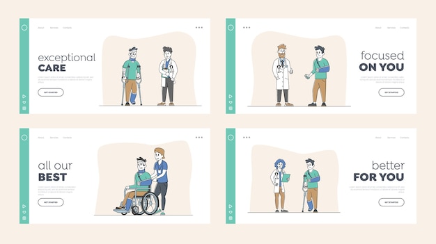Injured characters landing page template set. man on wheelchair with bandaged head, patients with broken hand and leg, person on crutches with bandage visit doctor. linear people