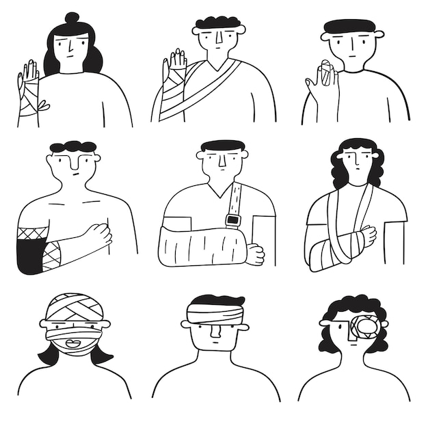 Injured people. set of outline icons. hand drawn illustrations on white background.