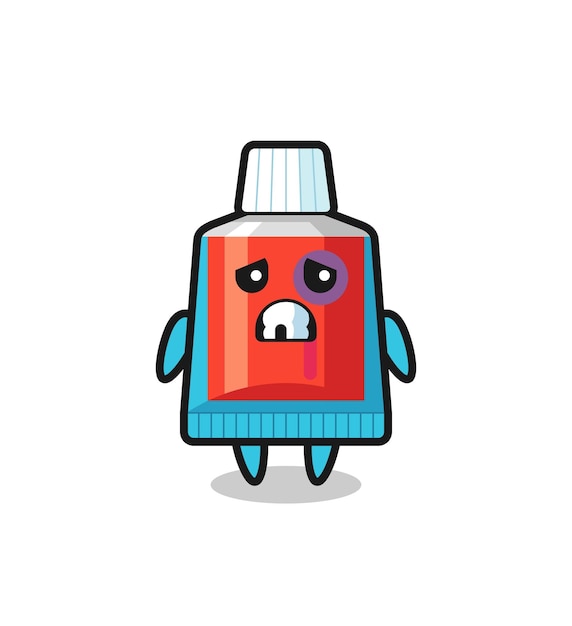 Injured toothpaste character with a bruised face