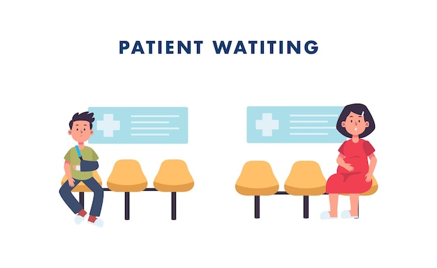 Vector injury man and pregnant woman waiting at seat chair lobby hospital or clinic illustration