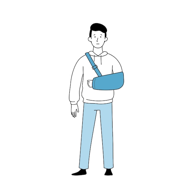 Injury man with accident bandage arm Outline doodle style injured arm character Sick patient