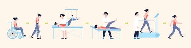 Injury rehabilitation Medical person work with patient Gym after injury in hospital recovery exercise Sport therapy in clinic recent vector concept