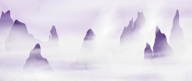 Sfondo artistico a inchiostro con montagne nella nebbia in viola banner orizzontale in stile orientale per carta da parati stampata di interior design