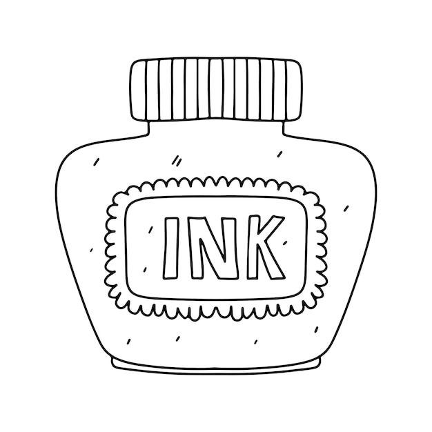 Ink bottle in hand drawn doodle style Vector illustration isolated on white Coloring page