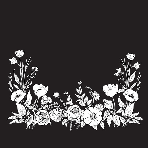 Ink dipped garden borderline botanical vector emblem midnight inked petal framework black floral bo