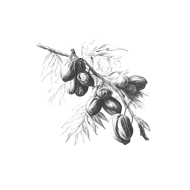 Ink drawn dates with leaves. Ripe fruits hang from the branches.