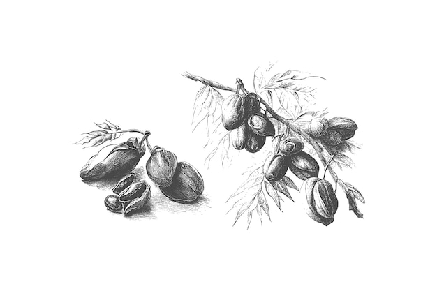 Ink drawn dates with leaves. ripe fruits hang from the branches.