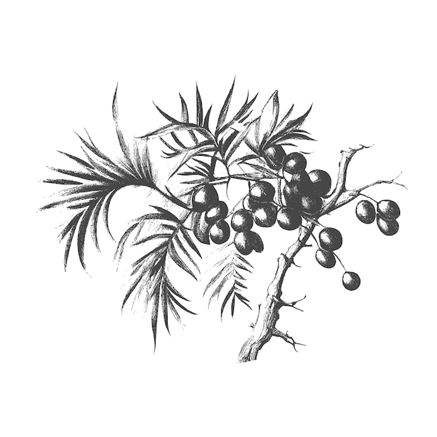 Vector ink drawn dates with leaves. ripe fruits hang from the branches.