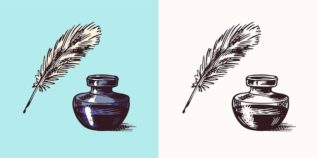 Ink and feather and inkwell in vintage engraved style retro vector illustration for woodcut or