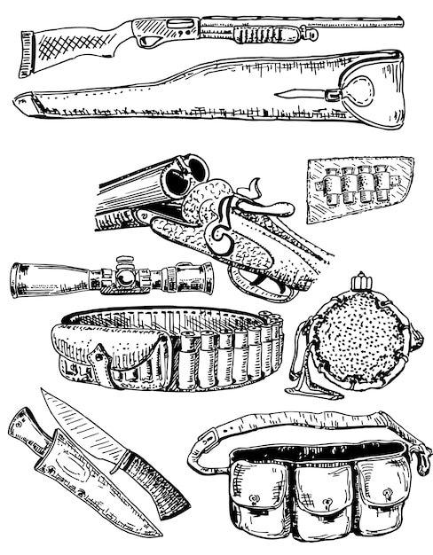 Set di attrezzatura da caccia disegnata a mano di inchiostro