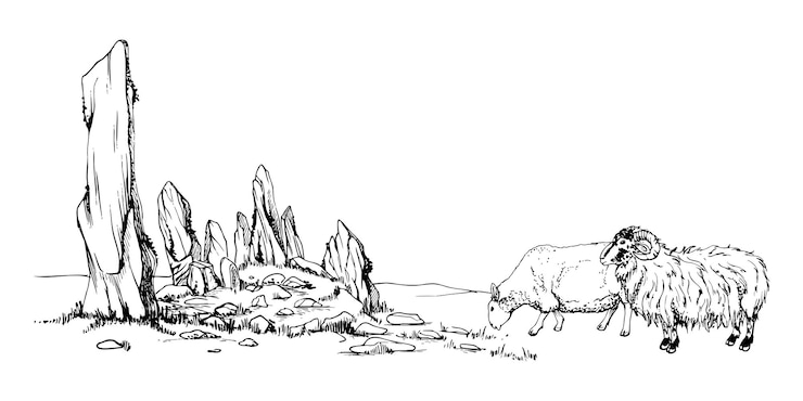 Vector ink hand drawn sketch illustration vector landscape scenery of highlands countryside nature standing stones sheep horizontal banner composition design for tourism travel brochure print wall art