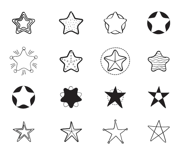 Ink hand drawn stars vector set. star rating sign in doodle style on white background. scribble geometric brush shining