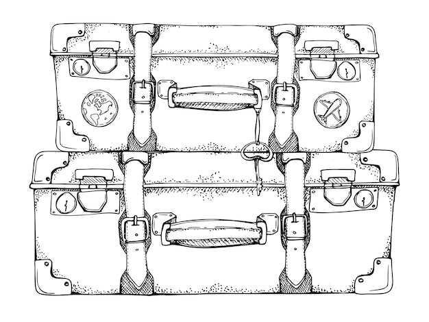 Vettore schizzo vettoriale disegnato a mano con inchiostro illustrazione con set di valigie vecchie valigie retrò vintage bagaglio con adesivi e chiave design per brochure di viaggi turistici guida di nozze carta di stampa tatuaggio