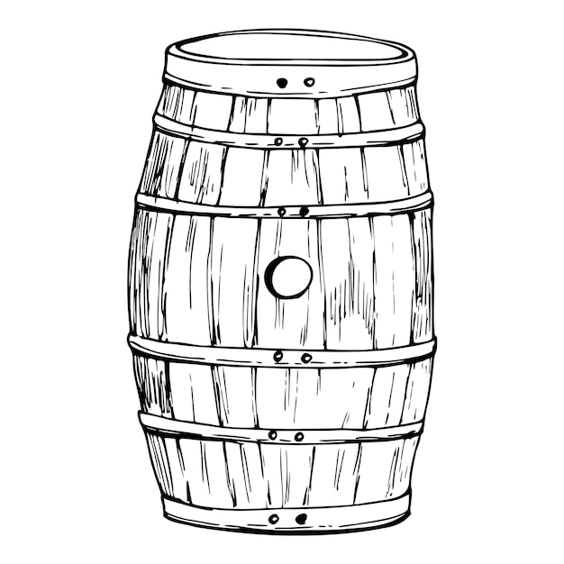 Ink hand drawn vector sketch of isolated object Wooden barrel side and top view for storing liquor whisky whiskey sherry beer Design for tourism travel brochure guide print card tattoo menu