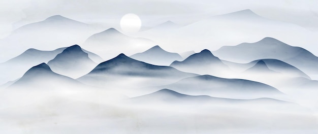 Чернильный пейзажный фон с горами и холмами с солнцем в холодных голубых тонах акварельный художественный баннер для дизайнерского оформления домашнего интерьера печать обоев