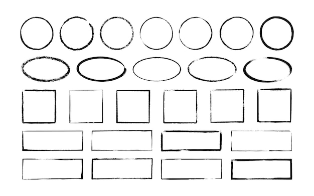 Тушь овальные, круглые и прямоугольные рамки. набор гранж пустые черные ящики. коллекции с эллиптическими и квадратными границами. отпечаток штампа. рука нарисованные векторные иллюстрации, изолированные на белом фоне