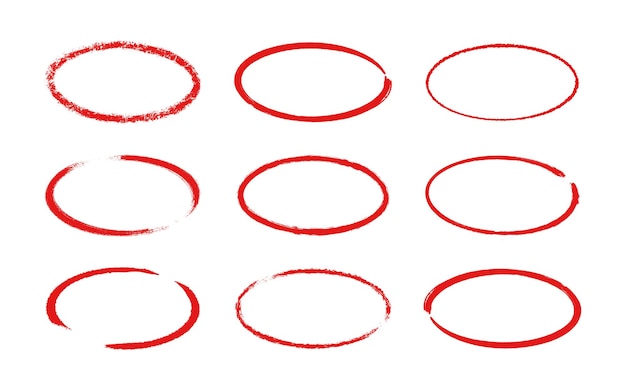 Vector ink oval frame. grunge empty red boxes set. ellipse borders collections. rubber stamp imprint. hand drawn vector illustration isolated on white background