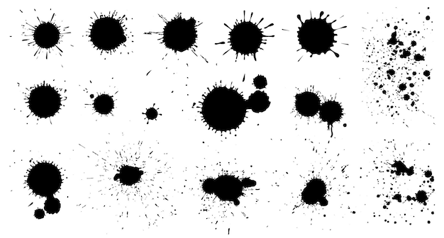 잉크 페인트도 말. 격리된 검은 드롭 스플래시, 더러운 브러시 페인팅 반점 텍스처. 점선된 그런 지 스프레이 얼룩, 추상 그래픽 얼룩 벡터 집합입니다. 그림 더러운 페인트 반점, 모양 물방울 및 스프레이