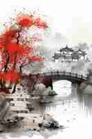 Vector ink painting of chinese traditional countryhouse with bridge