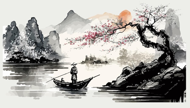 Vector ink painting of misty landscape with fisheman in a boat in traditional oriental minimalistic japanese style vector illustration