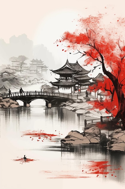 Vector ink painting of traditional asian house with bridge over misty river