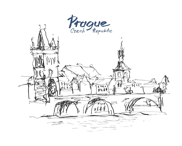 Ink schets lijntekening van Praag oude stad top stadsgezicht met hand belettering inscriptie, Tsjechië, vectorillustratie