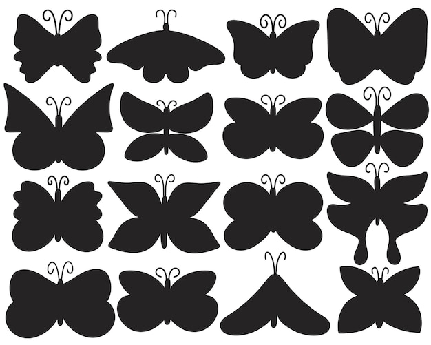 Ink silhouette butterfly set Black shadow moths collection Butterfly collage with beautiful wings