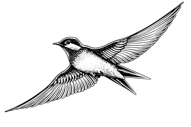 Чернильный эскиз летающей ласточки, векторная иллюстрация в стиле гравюры.