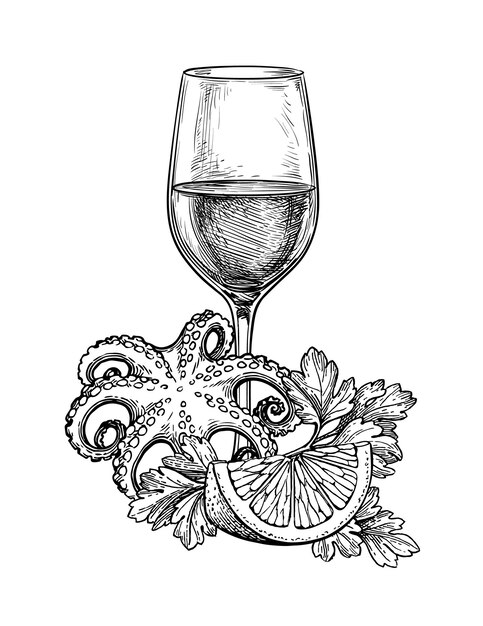 Vector ink sketch of wineglass and seafood