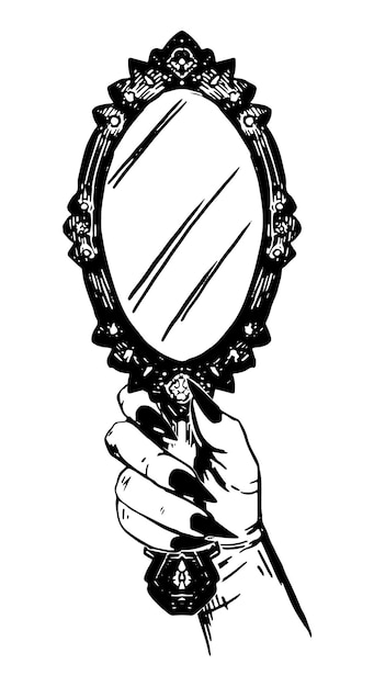 Vector ink sketch of witch's hand holding a mirror halloween vector illustration retro outline clipart for decor isolated on white